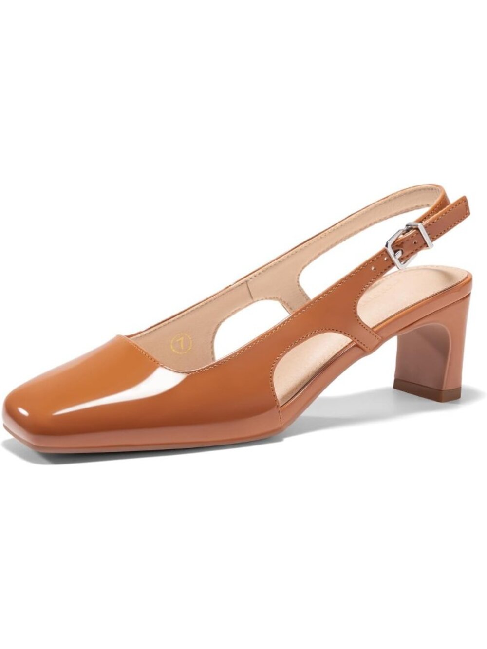Women's Brown Patent Closed Square Toe Slingback Chunky Low Heels Pumps Shoes